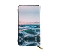 Portafoglio lungo in pelle con stampa onde oceaniche - Portafoglio personalizzato alla moda, scomparti multipli per schede, pronto per il regalo, nero, Taglia unica