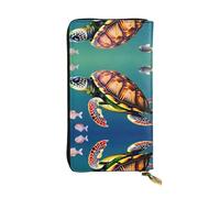 Portafoglio lungo in pelle con stampa tartaruga marina con pesci, portafoglio personalizzato alla moda, scomparti multipli per carte, pronto per regali, nero, taglia unica, Nero, One Size