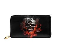 Portafoglio lungo in pelle con teschio di fuoco e rosa, grande capacità, in morbida pelle PU, per donna, con più scomparti per carte, tasca per telefono e portamonete con cerniera, elegante porta cart
