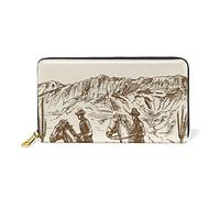 Portafoglio lungo in pelle marrone disegnato a mano retrò americano selvaggio West Desert Horse con cowboy donna cerniera portafoglio lungo, organizer di grande capacità custodia sottile portamonete