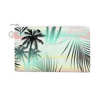 Portafoglio morbido con pochette, borsa da donna in tela con cerniera, borsa per il trucco, portamonete, banconote, 19,1 x 11,6 cm, stampa con foglie di palma tropicali estive nere su motivo rosa turc