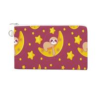 Portafoglio morbido con pochette, borsa da donna in tela con cerniera, borsa per il trucco, portamonete, banconote, 18x11 cm, stampa con simpatico bradipo pigro su stelle di luna crescente gialla, sti