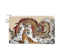 Portafoglio morbido con pochette, borsa da donna in tela con cerniera, borsa per il trucco, portamonete, banconote, 7,4x4,6 pollici, stampa drago cinese contro tigre, cascata