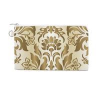 Portafoglio morbido con pochette, borsa da donna in tela con cerniera, borsa per il trucco, portamonete, banconote, 19 x 11 cm, stampa di lusso, damasco dorato senza cuciture, motivo floreale dorato.