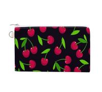 Portafoglio morbido con pochette, borsa da donna in tela con cerniera, borsa per il trucco, portamonete, banconote, 19,1 x 11,6 cm, stampa ciliegie rosse con foglie verdi senza cuciture su nero