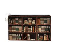 Portafoglio morbido con pochette, borsa da donna in tela con cerniera, borsa per il trucco, portamonete, banconote, 19 x 11 cm, stampa vintage, marrone antico, rendering 3D, libri antichi su scaffali