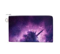 Portafoglio morbido con pochette, borsa da donna in tela con cerniera, borsa per il trucco, portamonete, banconote, 18 x 11 cm, stampa con silhouette di unicorno in una galassia viola, nebulosa e nuvo