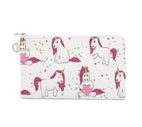 Portafoglio morbido con pochette, borsa da donna in tela con cerniera, borsa per il trucco, portamonete, banconote, 19,1 x 11,6 cm, stampa rosa, unicorni magici bianchi con stelle gialle, cuore rosa s