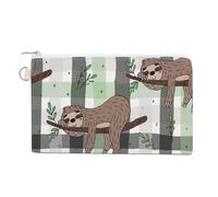 Portafoglio morbido con pochette, borsa da donna in tela con cerniera, borsa per il trucco, portamonete, banconote, 19,1 x 11,6 cm, stampa con bradipo scarabocchiato su rami di albero su plaid a scacc