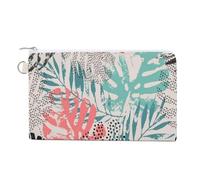 Portafoglio morbido con pochette, borsa da donna in tela con cerniera, borsa per il trucco, portamonete, banconote, 19,1 x 11,6 cm, stampa grunge, foglie tropicali, foglie di scimmia astratte, rosso,