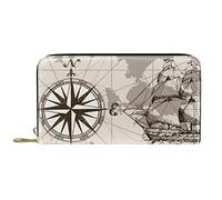 Portafoglio Pelle Pelle Zip Borsa Lunga Bussola Terra Grigia Disegnata A Mano