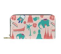 Portafoglio Pelle Pelle Zip Borsa Lunga Rosa Motivo Elefante Tailandese Moderno