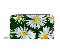 Portafoglio Pelle Pelle Zip Portafoglio Lungo Bianco Daisy Pattern-01