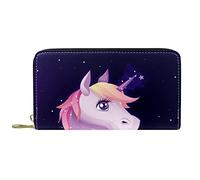 Portafoglio Pelle Pelle Zip Portafoglio Lungo Pink Fairy Unicorn Star Night Blue Magic