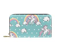 Portafoglio Pelle Pelle Zip Portafoglio lungo Rainbow Clouds Unicorns Dot Blue