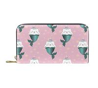 Portafoglio Pelle Pelle Zip Portafoglio Lungo Sleeping Unicorn Cats Mermaid Pink