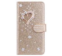 Portafoglio per Samsung Galaxy A34 5G Glitter Custodia Libro Pelle con 3D Little love Wallet Flip Cover Case Oro PU Brillantini Strass Cristallo Stand Carta Slot Lady Girl Elegante Trendy Phone Case