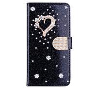 Portafoglio per Samsung Galaxy A7 2018/A750 Glitter Custodia 3D Little love Wallet Flip Cover Case Nero PU Brillantini Strass Cristallo Stand Carta Slot Lady Girl Elegante Trendy Phone Case