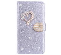 Portafoglio per Samsung Galaxy A70 Glitter Custodia Libro Pelle con 3D Little love Wallet Flip Cover Case Argenteo PU Brillantini Strass Cristallo Carta Slot Lady Girl Elegante Trendy Phone Case