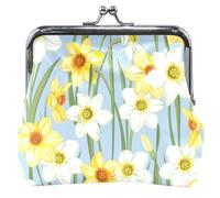 Portafoglio personalizzato bianco giallo narciso fiore blu per gli uomini donne fibbia in pelle bacio serratura piccolo portafoglio per ragazze, Bianco Giallo Narciso Fiore Blu, Classico, Bianco