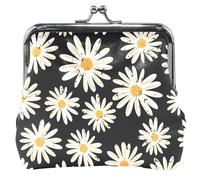 Portafoglio personalizzato in pelle nera con motivo floreale di camomilla da donna con fibbia carina, serratura da bacio, portamonete per monete, fiori di camomilla nero, classico, Fiori di camomilla
