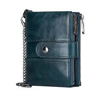 , portafoglio pieghevole in vera pelle con, doppia cerniera, tasche portamonete, porta carte di credito, pochette con catena antifurto per donna/uomo (rosso)