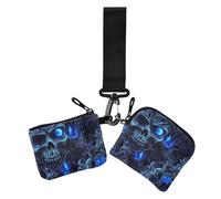 Portafoglio portamonete da donna con teschio stregato blu e occhi neon, porta carte di credito, sottile, piatto, con tasca con cerniera, per donne, confezione da 2, Occhi al neon blu teschio strega