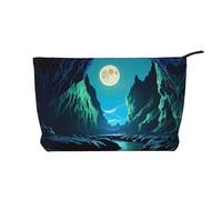 Portafoglio portatile da donna con cerniera, adatto per viaggi e conservazione quotidiana di cosmetici, borsa per cosmetici in velluto a coste con luna d'acqua, nero, taglia unica, Nero, One Size