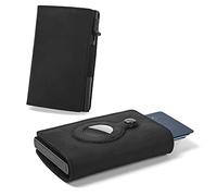 Portafoglio Smart Air Tag | Porta banconote RFID automatico Pop up Mini portafoglio in alluminio | Tasca e design sottile accessorio multiuso per AirTag | Airtag Custodia per uomo, Pelle nera,