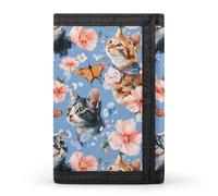 Portafoglio sottile a tre ante da uomo con simpatici gatti, farfalle e motivi floreali, con scomparti per carte di credito e finestra per documento d'identità, da portare nella tasca frontale.