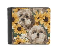 Portafoglio sottile da uomo a due ante con 6 scomparti per carte di credito, portamonete da viaggio e clip per monete, motivo Shih Tzu e girasoli
