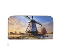 Portafoglio tradizionale in pelle con mulino a vento per donne e ragazze, con cerniera intorno al porta carte di credito lungo portafoglio in PU borsa da viaggio impermeabile