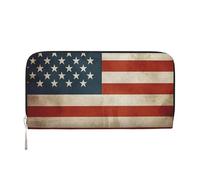 Portafoglio vintage in pelle con bandiera americana americana per donne ragazza, con cerniera intorno al porta carte di credito lungo portafoglio in PU borsa da viaggio impermeabile