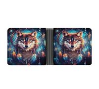 Portafoglio Wolf Dream Catcher da uomo, resistente in pelle PU, a due ante con portamonete e organizer sicuro per carte di credito.