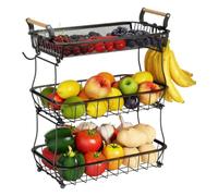 Portafrutta a 3 ripiani per bancone della cucina, ciotola in filo metallico con ganci per banane, da cucina, cibo, pane, verdura, dispensa, organizzazione e conservazione