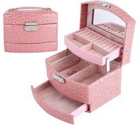 Portagioie 3 Strati,Semiautomatico Scatola di Immagazzinaggio Per Ornamenti di Collana di Gioielli Con Piccolo Specchio All'interno e Lucchetto Articoli per La Casa Regalo Retrò per Donna (Rosa)