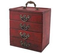 Portagioie Cinese Vintage, Organizer in Legno a 4 Cassetti con Lavorazione Anticata, Scatola Portaoggetti Antica Compatta e Portatile per Riporre Orecchini, Collane e Piccoli