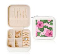 Portagioie da viaggio con fiori di ibisco rosa, foglie verdi, in pelle PU, per anelli, orecchini, ciondoli, collane, per ragazze e donne