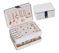 Portagioie Donna Scatola portagioie a doppio strato verde pratica for orecchini e collane, organizer for gioielli in pelle PU for le donne(White)