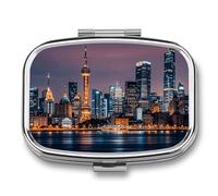 Portagioie portatile da viaggio, portagioie da viaggio, con immagine di città notturna stampata rettangolare, adatta per pillole, capsule, caramelle, gioielli, tappi per le orecchie, immagine della