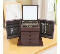 Portagioie vintage Scatola portaoggetti in legno Portagioie con fiori intagliati Custodia a 5 strati con 4 cassetti Armadio portaoggetti per anelli e collane