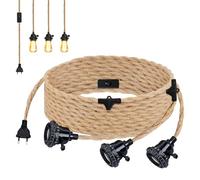 Portalampada E27 con cavo lampada vintage, attacco E27 con cavo lampada, 6,8 m, corda di canapa intrecciata con lampada a sospensione, 3 luci, portalampada con interruttore per lampada fai da te