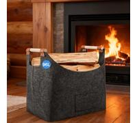 Portalegna Pieghevole in Feltro Spesso con Manici in Legno Naturale - Cestello per Legna da Camino, Organizzatore per Giocattoli, Coperte, Riviste, Design Nordico (60x40x40 cm)