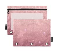 Portamatite a 3 anelli con glitter, colore oro rosa, astuccio con cerniera, per penne e penne, per scuola, 24,9 x 18 cm, confezione da 2