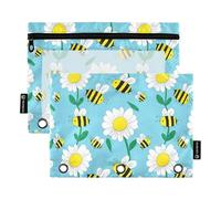 Portamatite a 3 anelli con motivo floreale con api gialle, margherite, blu, con cerniera, per la scuola, con tasche trasparenti con cerniera, 24,9 x 18 cm, 2 confezioni