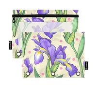 Portamatite con 3 anelli, motivo fiori di iris viola, foglie verdi, beige, con cerniera, per matite e matite da ufficio, trasparenti, per la scuola, 24,9 x 18 cm, confezione da 2