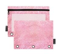 Portamatite da donna a 3 anelli, con cerniera, per la scuola, con tasche trasparenti, glitter rosa, 24,9 x 18 cm, 2 confezioni