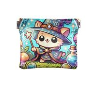 Portamonete blu con gatto mago, piccolo portafoglio in pelle da donna, portamonete per ragazze, Gatto Mago Blu, 4.33x3.74In, Gatto Mago Blu