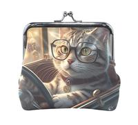 Portamonete carino con procione che guida auto, con serratura a bacio, portamonete per monete, 11,4 x 10,4 cm, Carino gatto auto, Taglia unica, Carino gatto auto