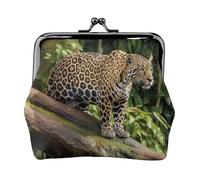 Portamonete con chiusura a bacio, mini portamonete con gatto giaguaro sul tronco d'albero, cascata, portafogli in pelle per le donne